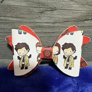 Homemade Supernatural Faux Leather Dog Bow For Collar Red Background